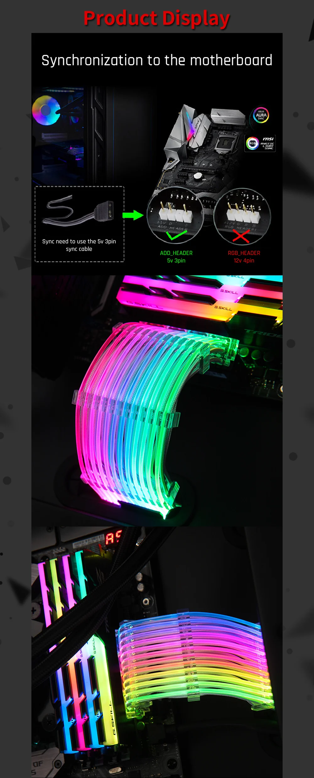 Lian Li Strimer-24/Strimer-8, 5 в RGB удлинительные кабели, Радужное освещение, для 24Pin к материнской плате/Dual-8Pin к видеокарте