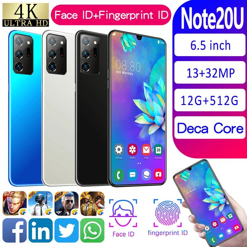 

New Arrival 2021 Note20 U 6.3Inch Drop Screen MTK6799 1440*3040 10Core 12+512GB 13MP+32MP 4800MAH Face ID Dual SIM Android 9
