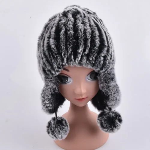 Black frost Детские меховые шапки из натурального меха кролика рекс для мальчиков и девочек, теплые детские зимние шапки, ушанка пилота, белая меховая шапка, вязаные кроличьи уши, шапка - Цвет: Black frost