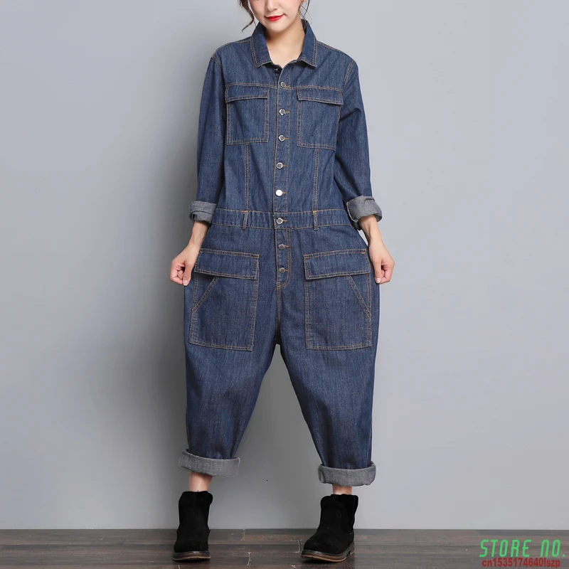 

Women Denim Overalls HipHop Cowboy Workwear Jumpsuit Long Sleeve Streetwear Multi Pockets Coveralls Jean Outwear Romper Clothing