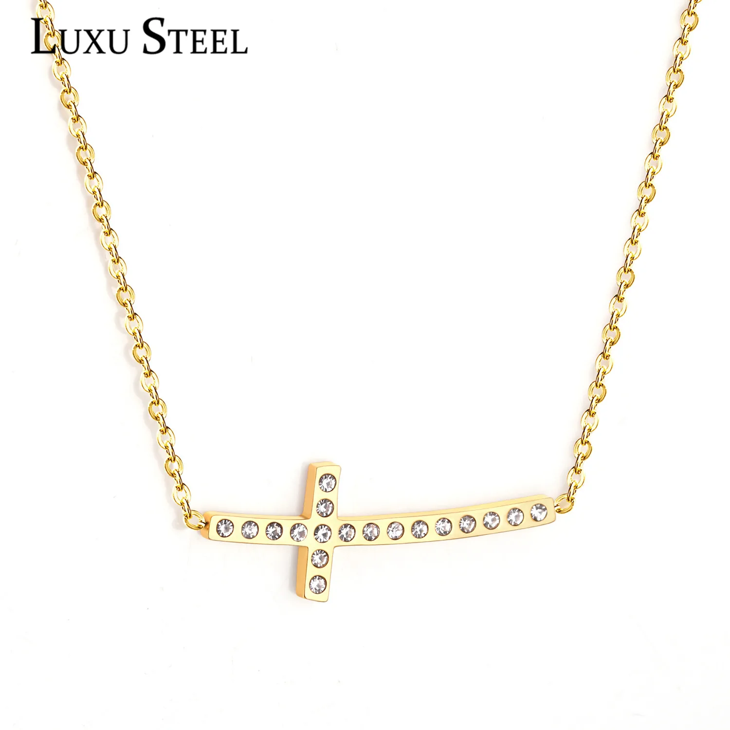 Роскошное стальное ожерелье лучших друзей золотого цвета крест с фианитом кулон