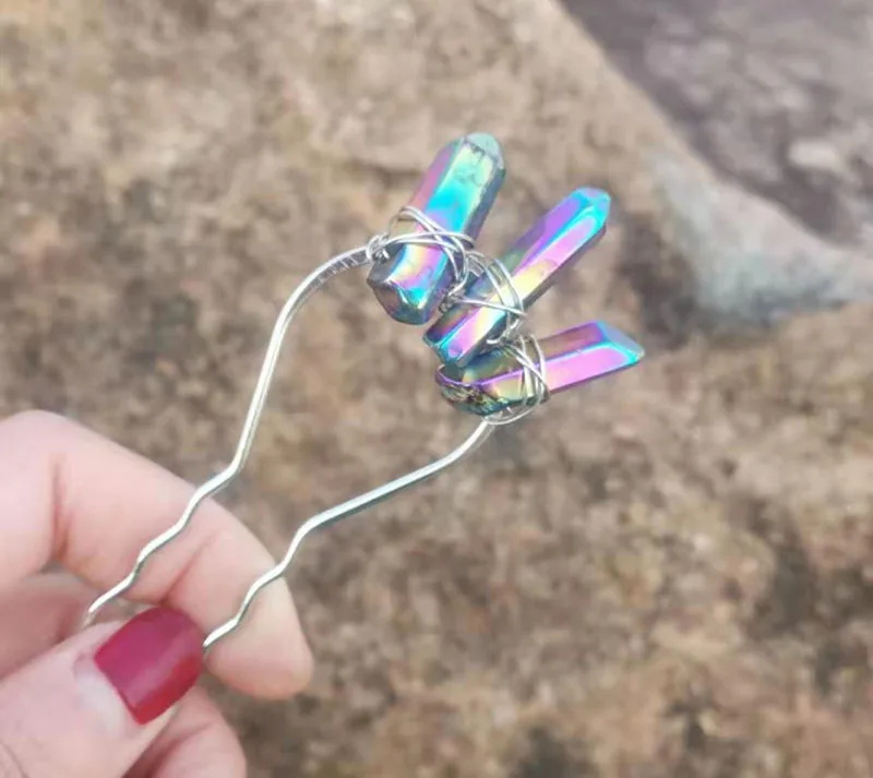 Rainbow Натуральный кварц сырой кристалл обруч зажим для волос для женщин маленький обруч Ювелирное Украшение на день рождения - Окраска металла: Rainbow