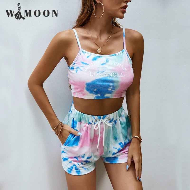 

2021 Summer New Tie-dyed Vest Shorts Casual Sports Suit Printing Tie-dye Drawstring Sleeveless Women's Two-piece Suit