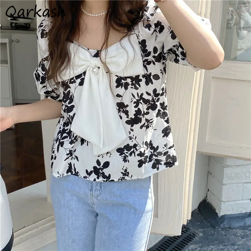 

Blouses Women Big Bow Floral Summer French Style Retro Crop Top Elegant Loose Design Ladies Fashion Holiday All-match Popular