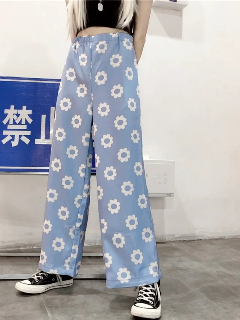 

Women Plus Size Cool Girl Punk Style Pants 2021 Summer Casual Floral Printed Loose High Waist Ladies Bright Wide Leg Trousers