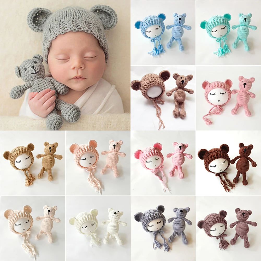 2022 New Knit Beanie Cap+ Bear Toy Newborn Baby Toddler Infant Bear Photo Prop Photography Baby Knitted Cap