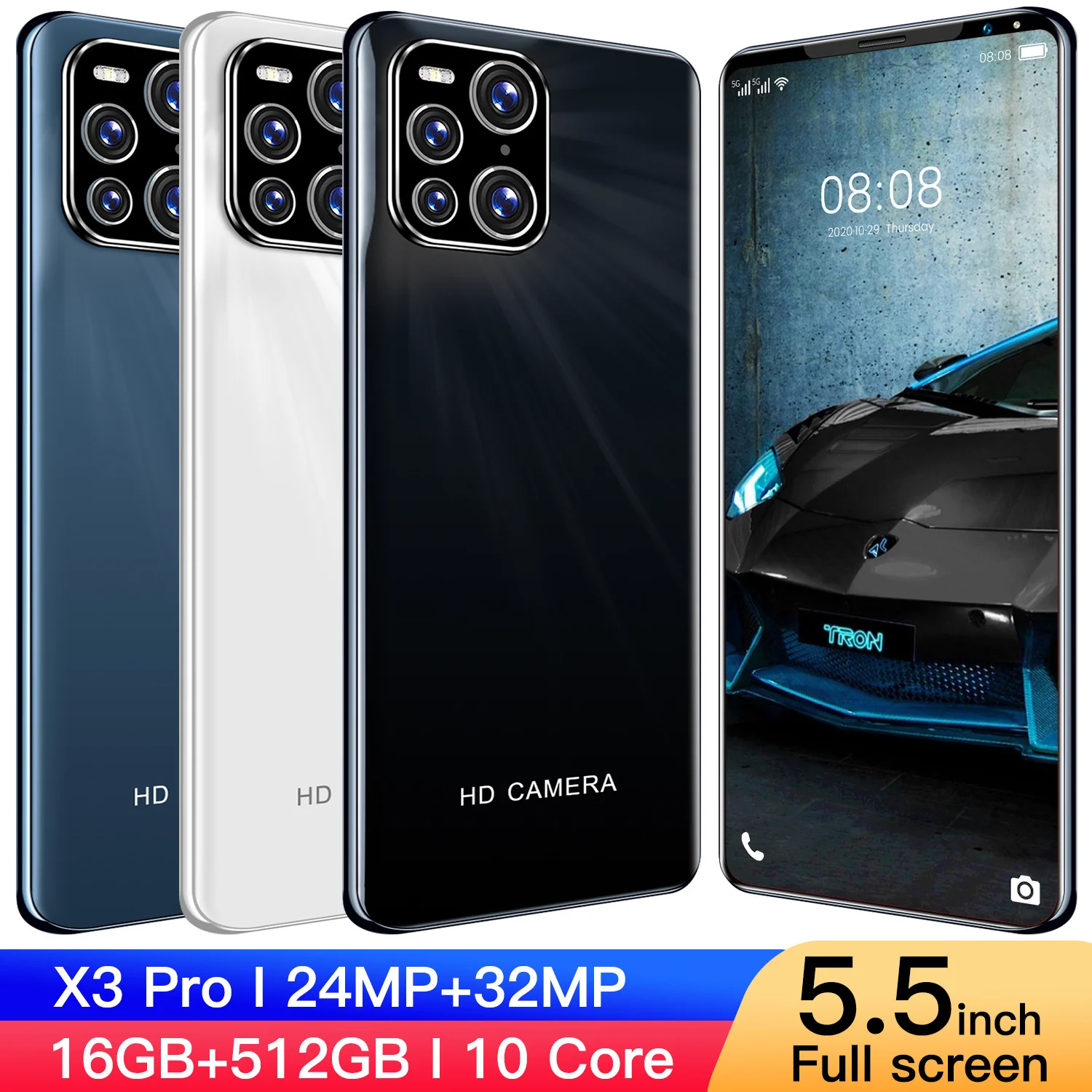 

X3 Pro Android10 16-512GB large MEMORY HD screen 5G 5600 mah 5.5-inch large screen 10 core student fashion gaming smartphone