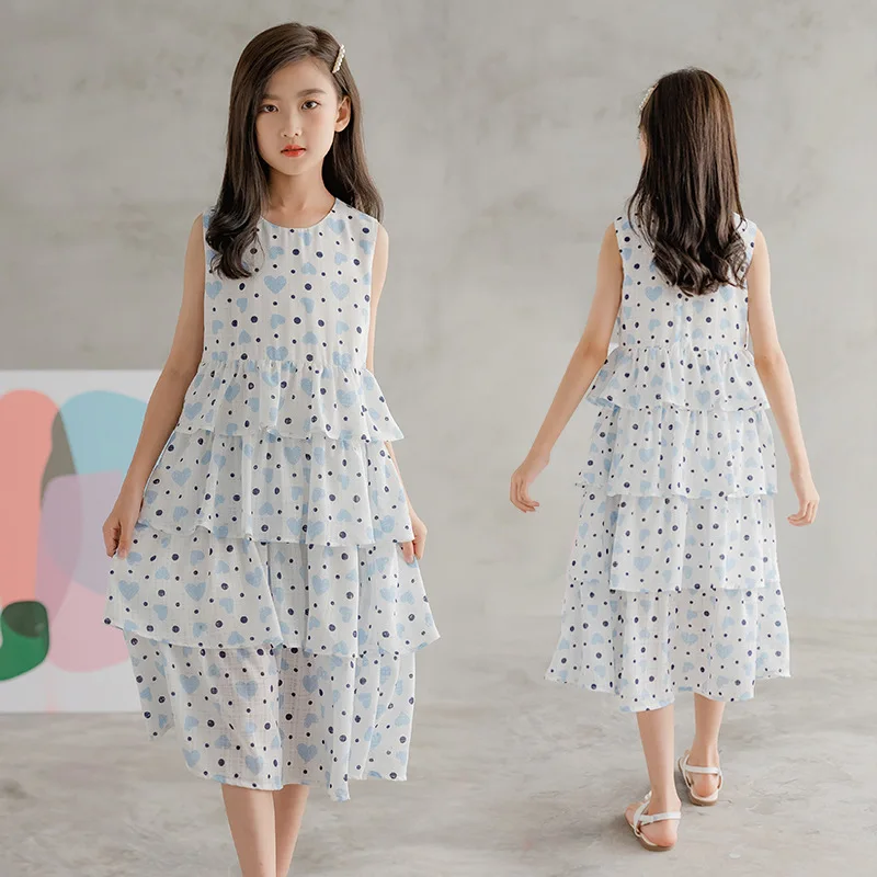 

2021 Summer Girls Chiffon Layered Dresses Clothing Children Elegant Mid Calf Sleeveless Girl Beach Dress Kids Clothes 5-17 Years