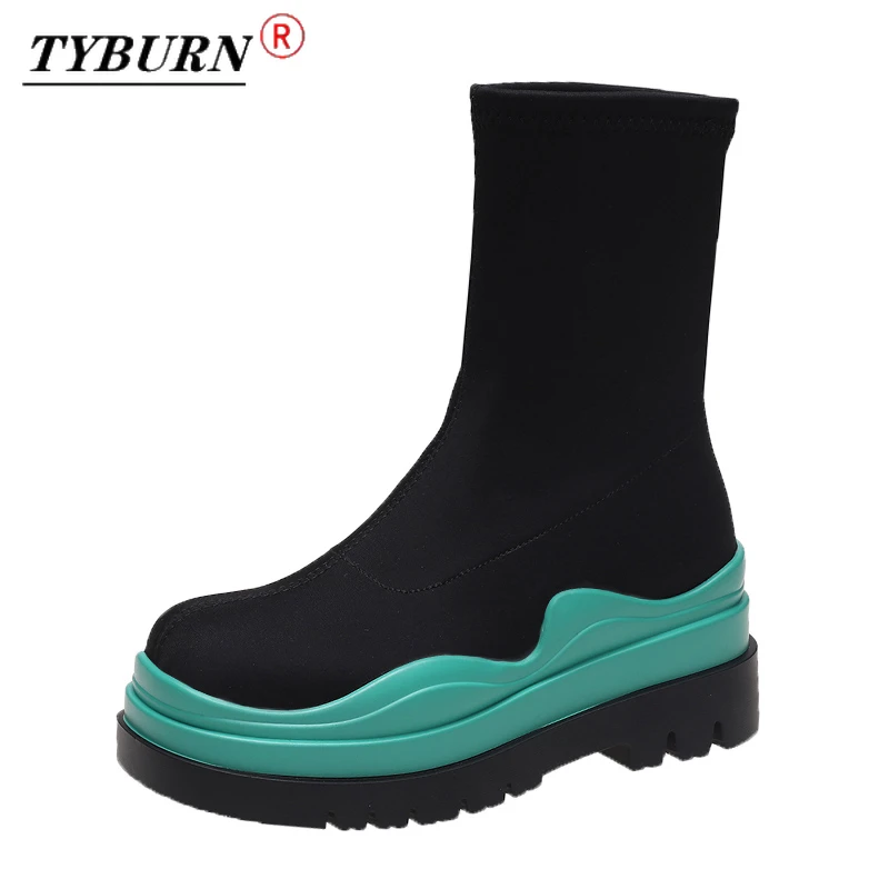 

tyburn Mix Color Thick Bottom Platform Ankle Boots Women Stretch Fabric Chunky Sock Boots Woman Autumn Slip on Casual Shoes Lady