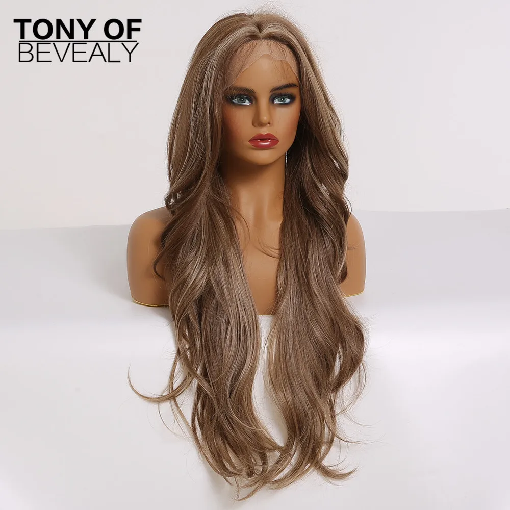 Длинные волнистые коричневые прямые кружева спереди Синтетические