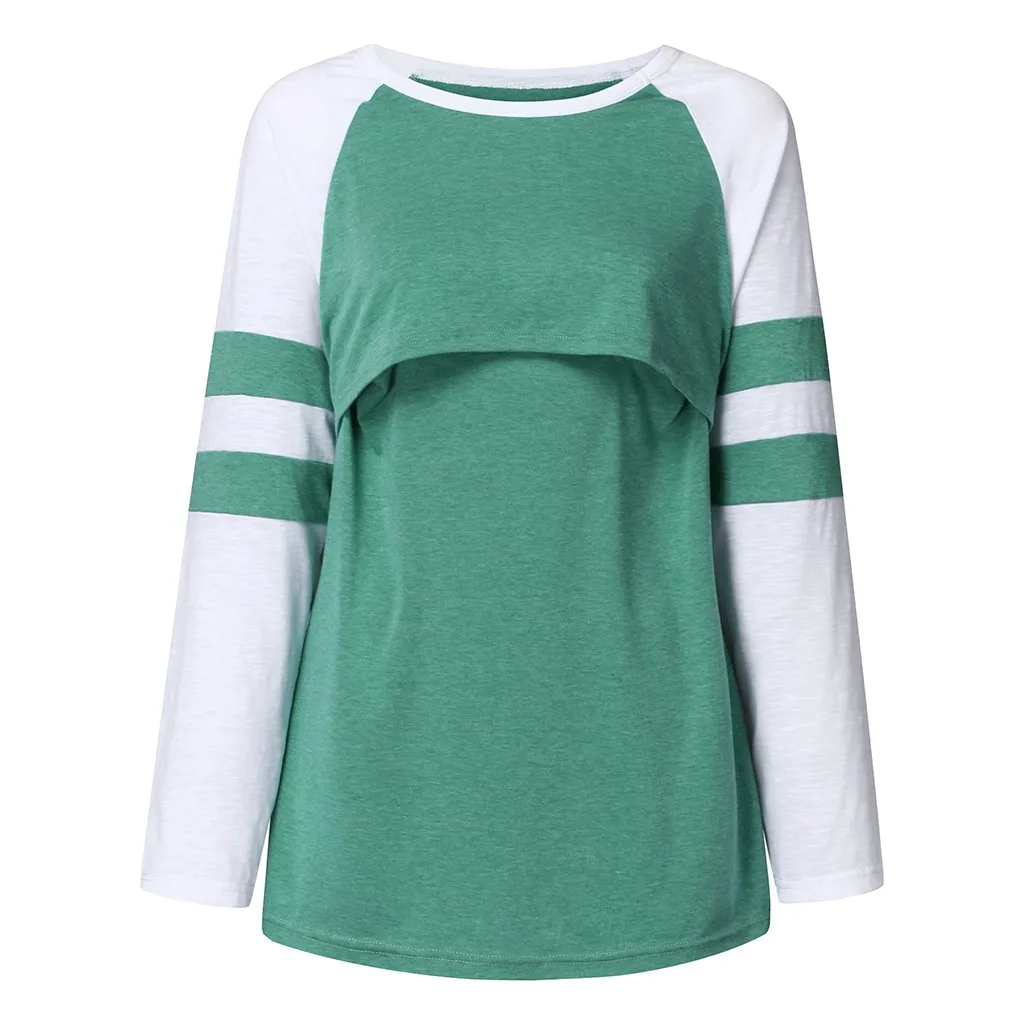 green Одежда для беременных женщин Blusas для беременных, с длинным рукавом кормящих лоскутных цветов Топы Блузка для кормления грудью Roupa Femenina блузки - Цвет: green