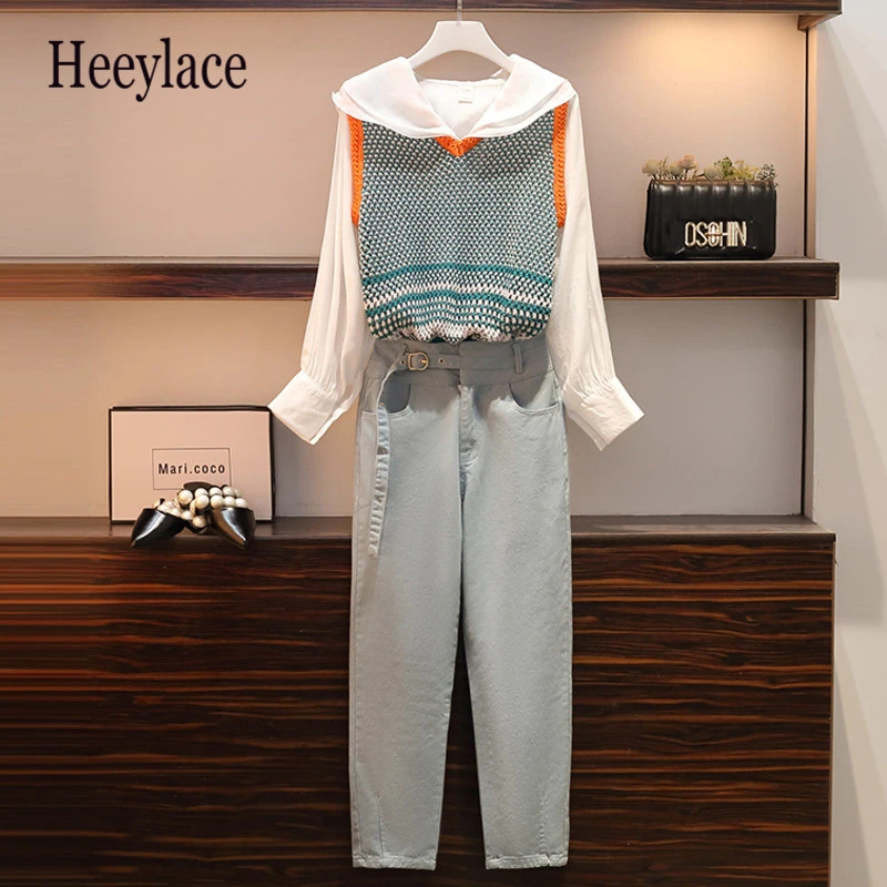 

Plus size women office two piece suit 2020 autumn korean long-sleeved shirt and knit vest top and button denim long pants sets