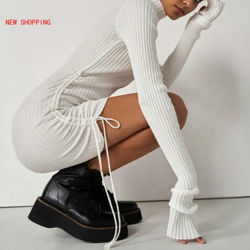 

Ribbed Stripe Women Mini Dress Black Drawstring Ruched Lace Up Long Sleeve Bodycon Bandage Sexy Party Club Elegant Autumn Winter