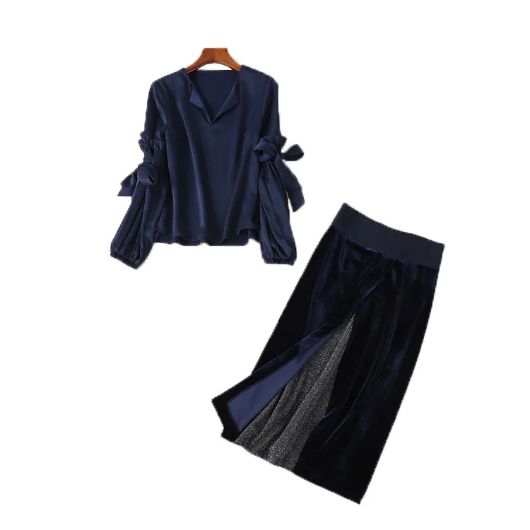 

JCHB 2021 ladies' spring new Lantern Sleeve Top shows trend of thin golden velvet skirt suit