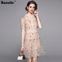 banulin elegant mesh flower embroidery party short dress 2021 womens fashion runway summer short sleeve sweet dresses vestdios