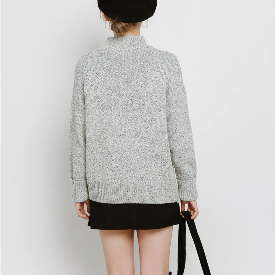 Minimalist Women Turtleneck Winter Sweater Fashion High-neck Loose Long Sleeve Pullovers Female Gray Solid Knitwear Pull | Женская