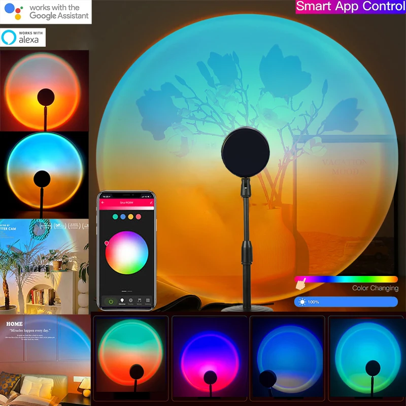 

Tuya Wifi RGB Sunset Projector USB Led Night Light Music Control Lamp Sun Rainbow Projection Light App Control Works With Alexa