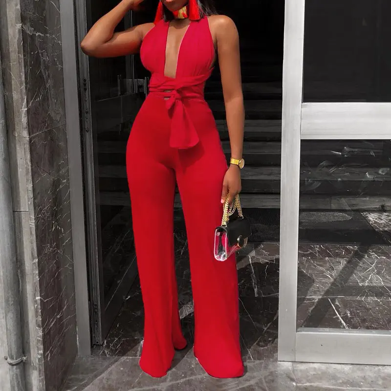 

New Arrival Fashion Women Clothing Sexy V Neck Multi-way Jumpsuits Female Lace Up Bandage Sleeveless Wide Leg Autumn Playsuits