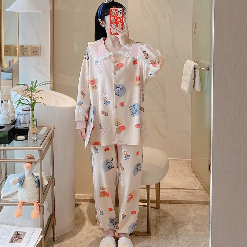 

Пижама в стиле принцессы, Женский весенне-осенний свободный хлопковый костюм в Корейском стиле с длинными рукавами, кардиган с милыми кроли...