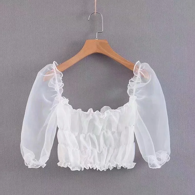 

EAYUCU Organza Women Elegant White Black Crop Top Short Sleeve Short Style Stretchy Ruffles Shirt Female Blouses T497