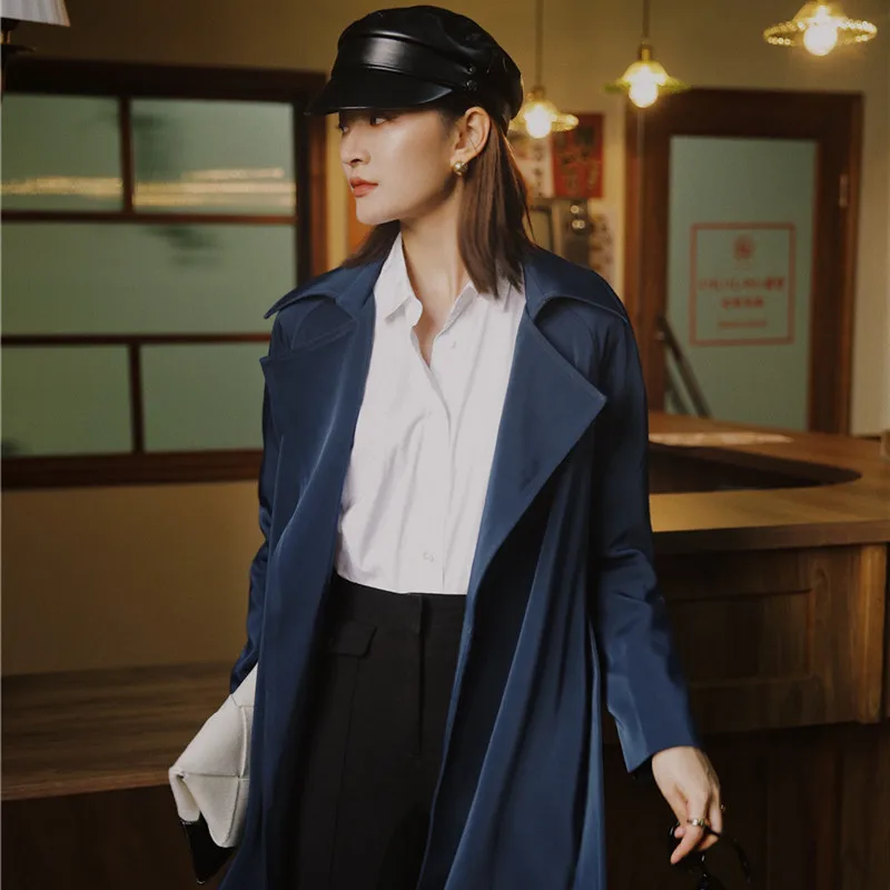 

ZCSMLL Blue Windbreaker Long Over-the-knee Windbreaker Lapel Loose Tie Simple Jacket Fashionable