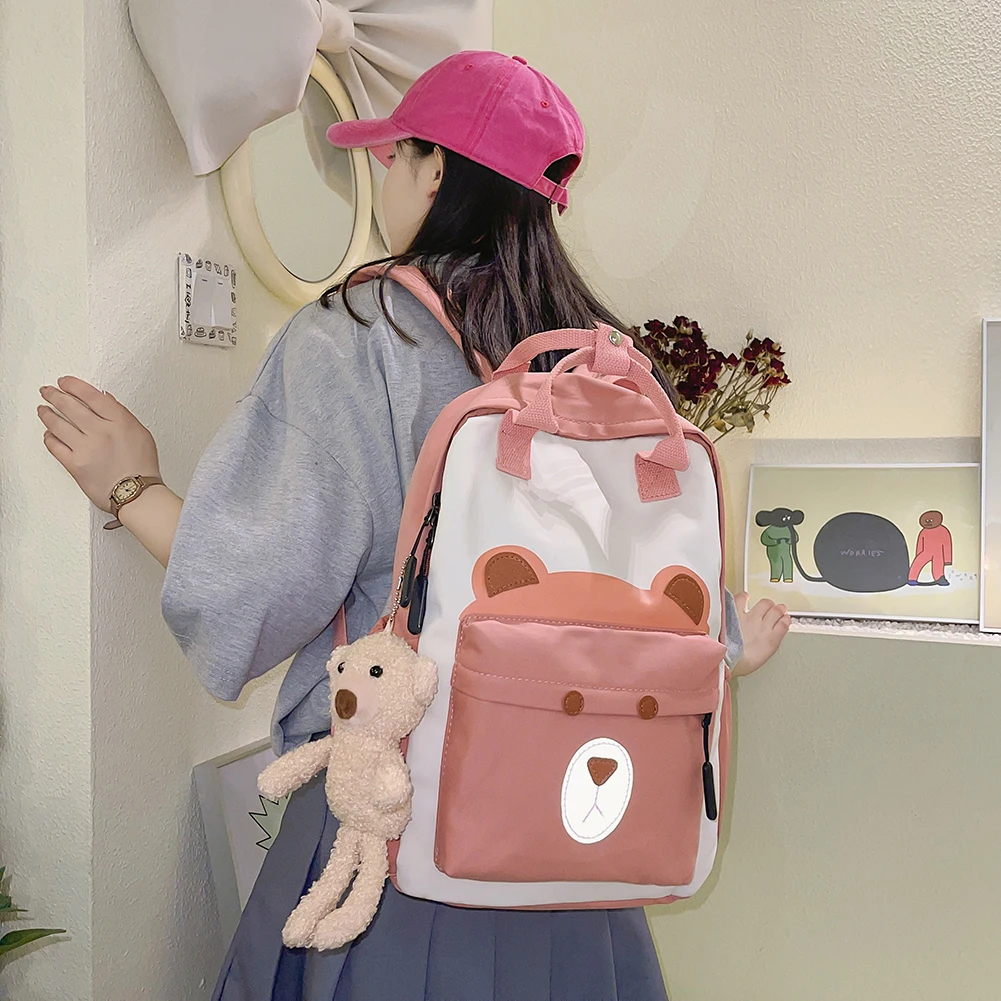 

Рюкзак в стиле преппи с подвеской в виде медведя, школьный холщовый рюкзак контрастных цветов, Женский дорожный Большой рюкзак