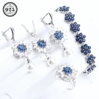 silver 925 pearls bridal jewelry sets for women wedding luxury blue cz jewelry pendants bracelet rings earrings necklace set