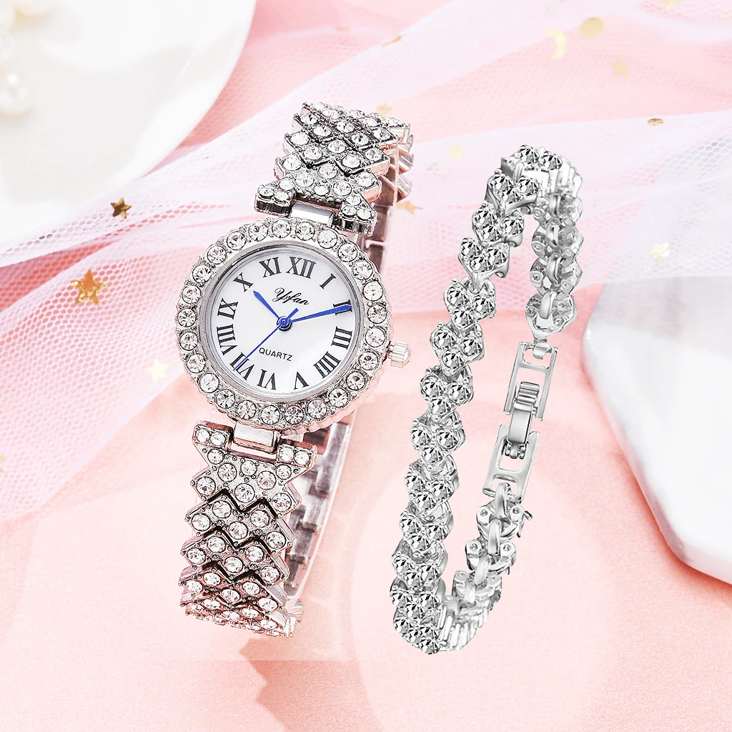 

Luxury Women Rose Gold Watch Fashion Ladies Quartz Diamond Wristwatch Elegant Female Bracelet Watched 2pcs Set Reloj Mujer