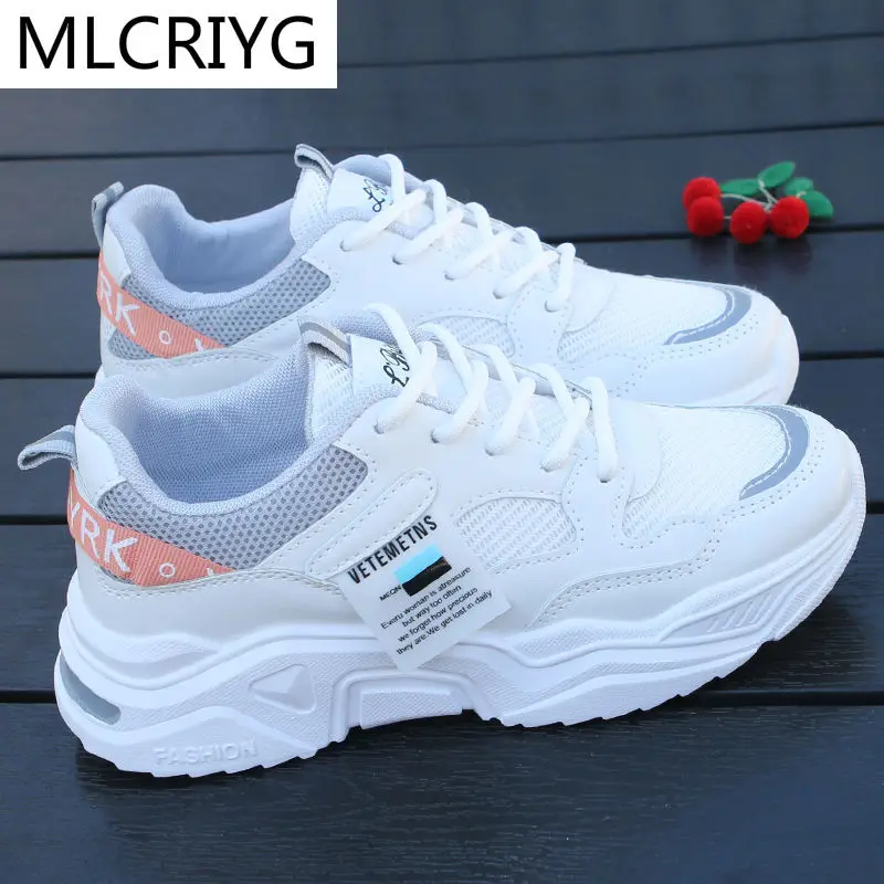 

2021 Fashion Women's Shoes Spring New Walking Platform Shoes Women's Mesh Breathable Sneakers Comfortable Lace-up Casual Shoes