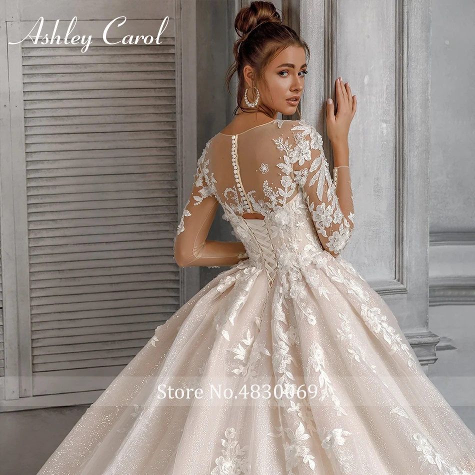 Шампанское Ashley Carol сексуальное роскошное кружевное свадебное платье принцессы с круглым вырезом с длинным рукавом с аппликацией из бисера романтическое платье невесты Свадебные платья - Цвет: Шампанское