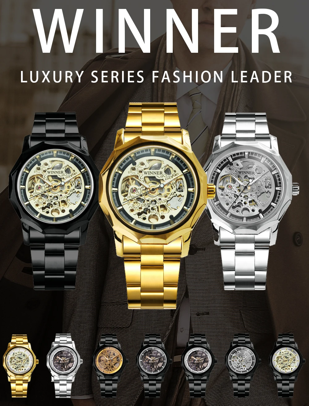 Мужские автоматические механические наручные часы WINNER с ремешком из нержавеющей