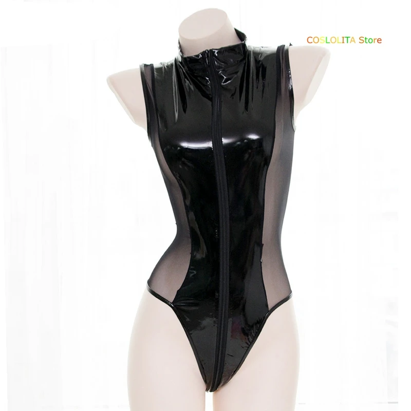 

Japanese Women Sexy High Spilt Siamese Sukumizu Girls Student Harajuku Patent leather Jumpsuits Silm Bodysuit Swimwear Cosplay