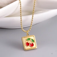 new cute female gold plated stainless steel enamel colorful cherry square choker necklace for women girls trendy jewelry gift