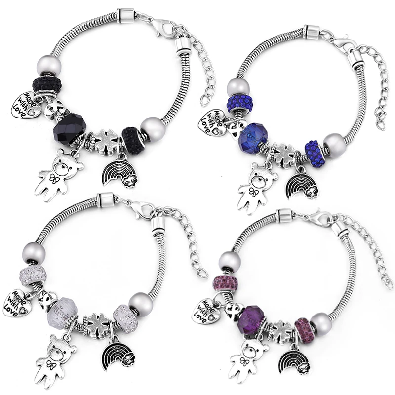 

New Little bear Bangle 6 Color Rainbow LOVE Style Bracelet Lobster Buckle Snake Chain Beaded Bangles For Beautiful Women Jewelry