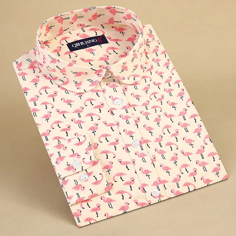 QIHUANG Casual Flamingo Print Blouses Women Shirts Vintage Ladies Long Sleeve Cotton Plus Size Brand 5XL | Женская одежда