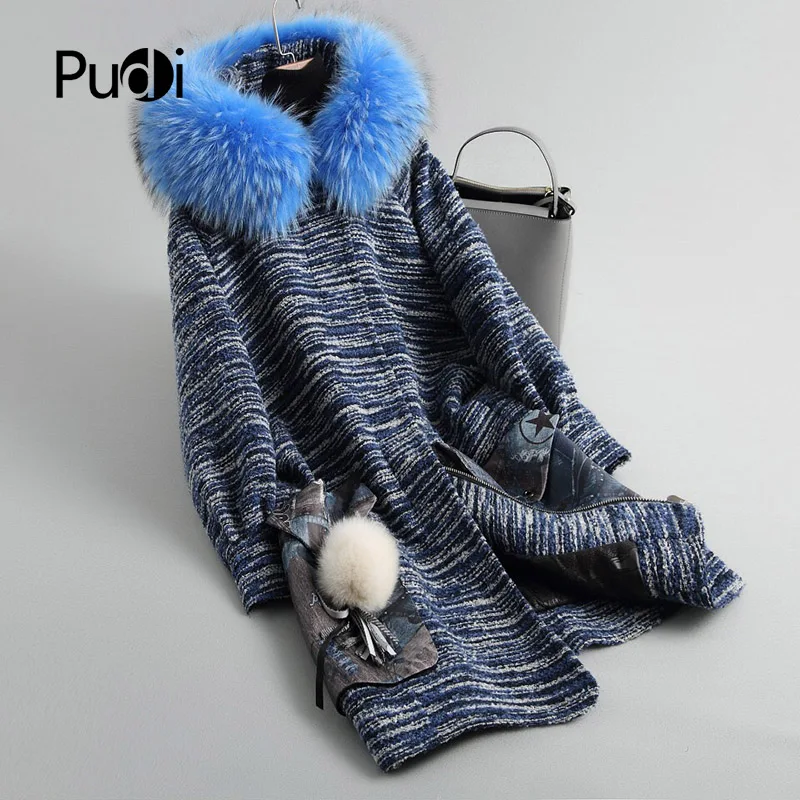 

PUDI A18047 Women's Winter Warm Genuine Wool Fur With Raccoon Fur Collar Hood Winter Coat Lady Long Coat Jacket Overcoat