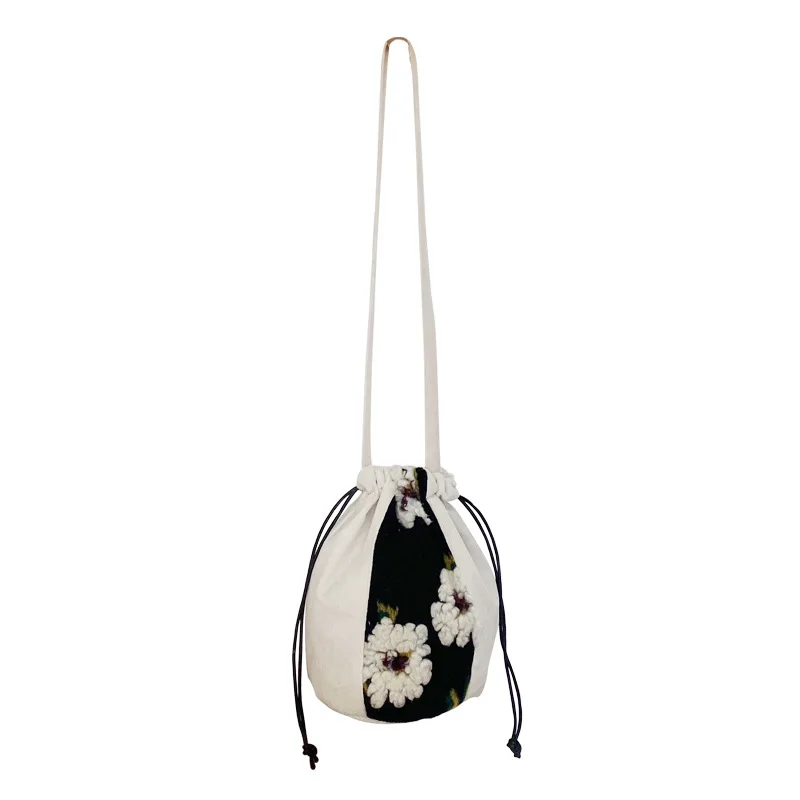 

Faux Lamb Wool Women Crossbody Bags Embroidered Stitching Ladies Drawstring Bucket Shoulder Bag Female Portable Storage Handbags