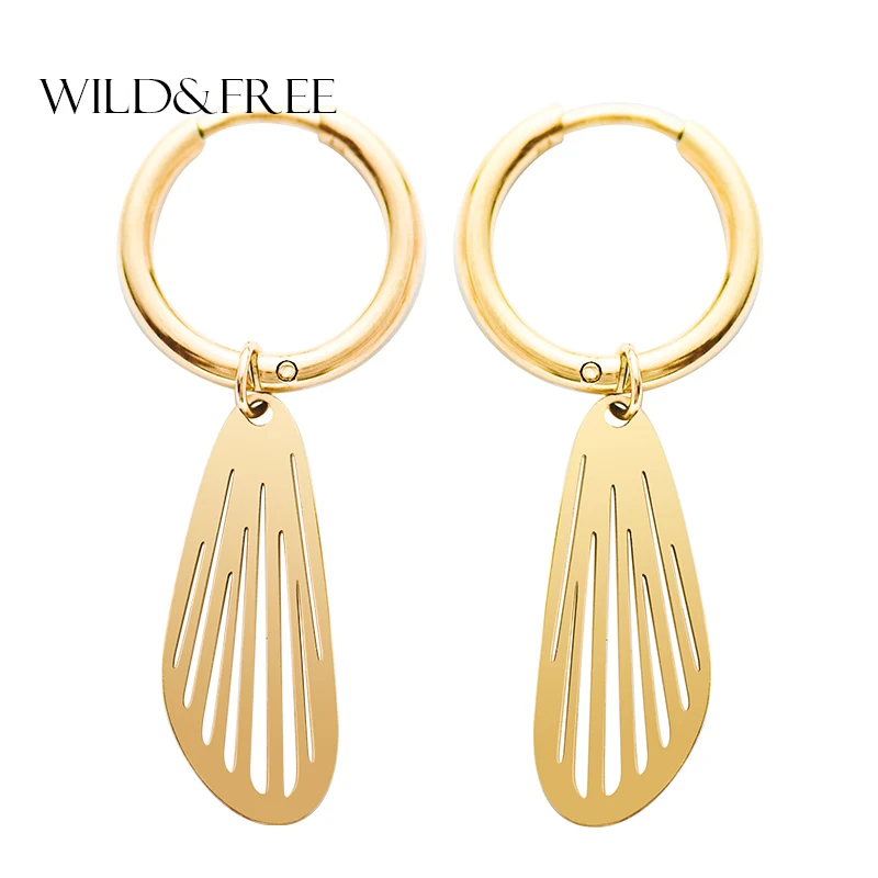 Wild& Free Нержавеющая сталь круг серьги в виде колец, для Для женщин Открытое платье с золотистыми листьями; с украшением в виде крыльев бабочки; Подвески новые ювелирные изделия