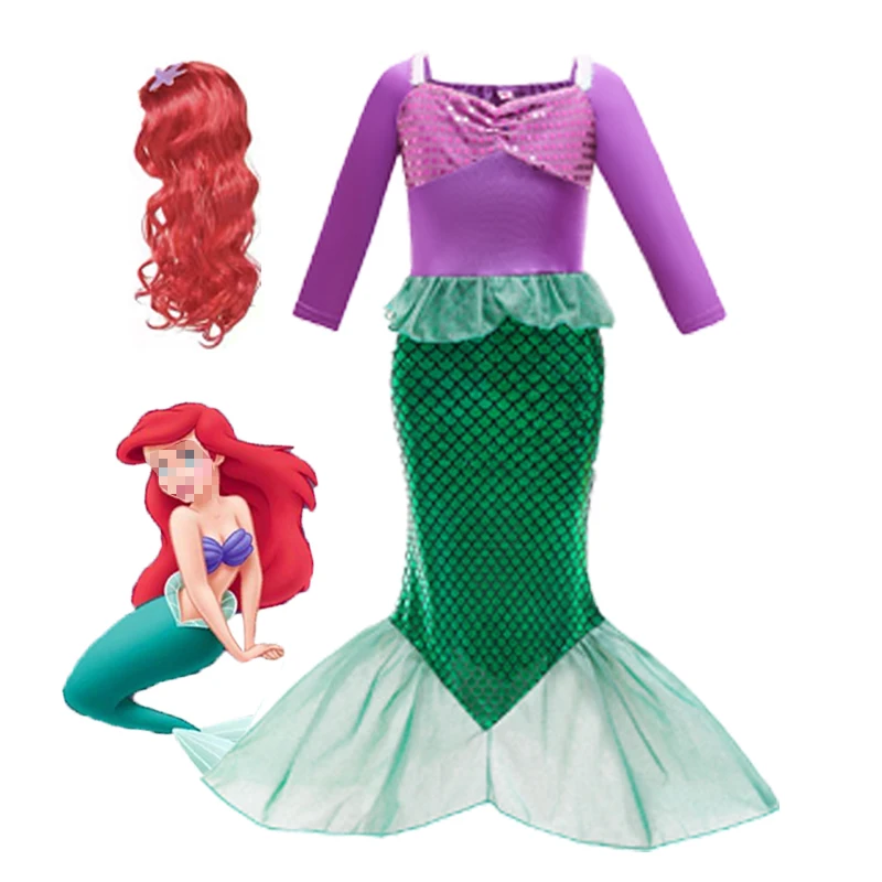 Halloween Little Mermaid Princess Arieling Cosplay Costumes for kids Baby Girl Tails Birthday Party Holiday Costume wig |