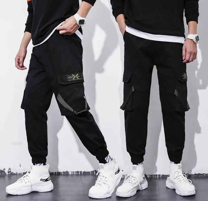 

Man Sweatpants Streetwear Casual Mens Pants Streetwear Fleece Warm Hip Hop Joggers Men Black Harem Pants Multi-Pocket Ribbons