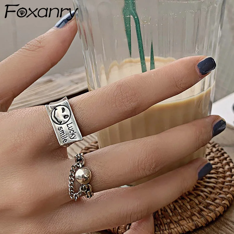 

Evimi 925 Silver Color Chain Tassel Rings for Women Fashion Simple Smiley Face English Letter Vintage Party Jewelry Gifts