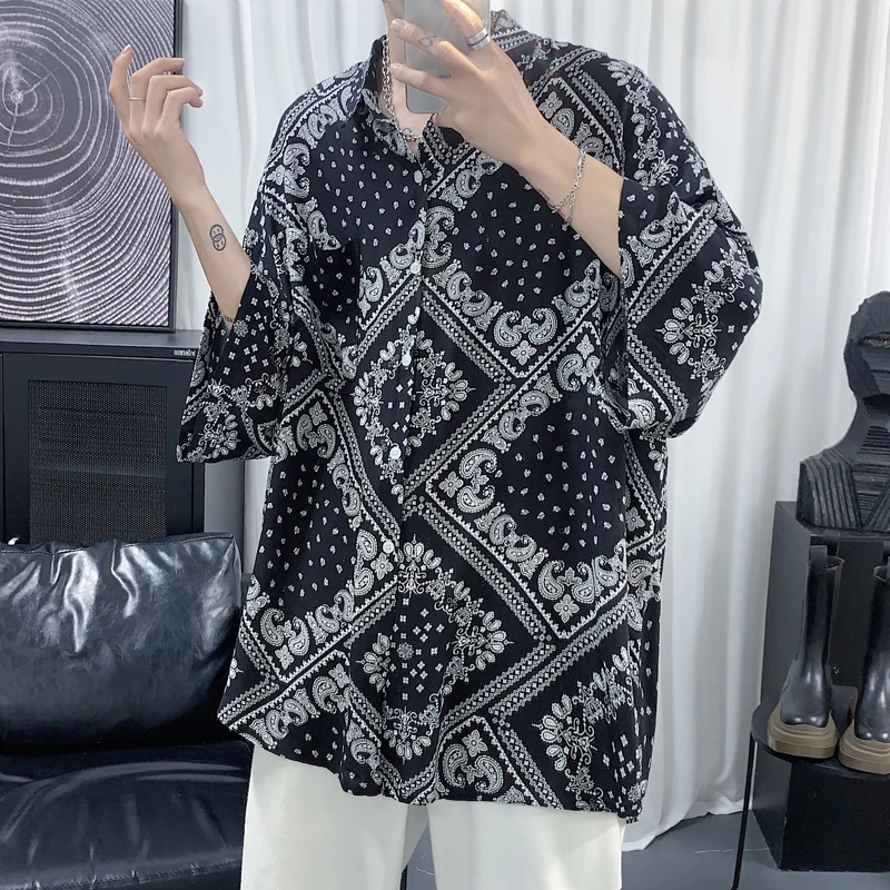 

M-XXL!Japanese totem printed short sleeve shirt for men and women spring and summer ethnic style floral middle sleeve shirt web