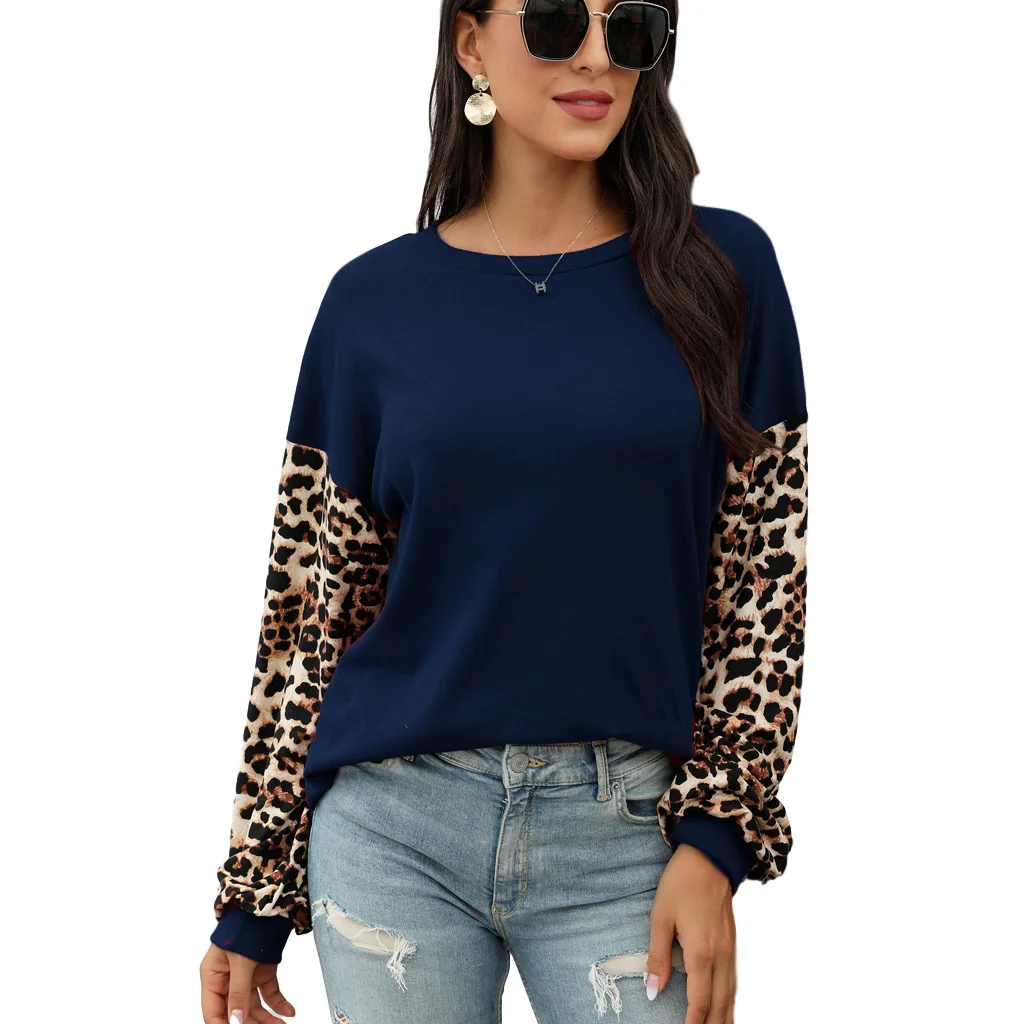 

2020 Autumn Winter New Arrivals European and American Women's Lantern Sleeve Round Neck Leopard Print Hoodie Black