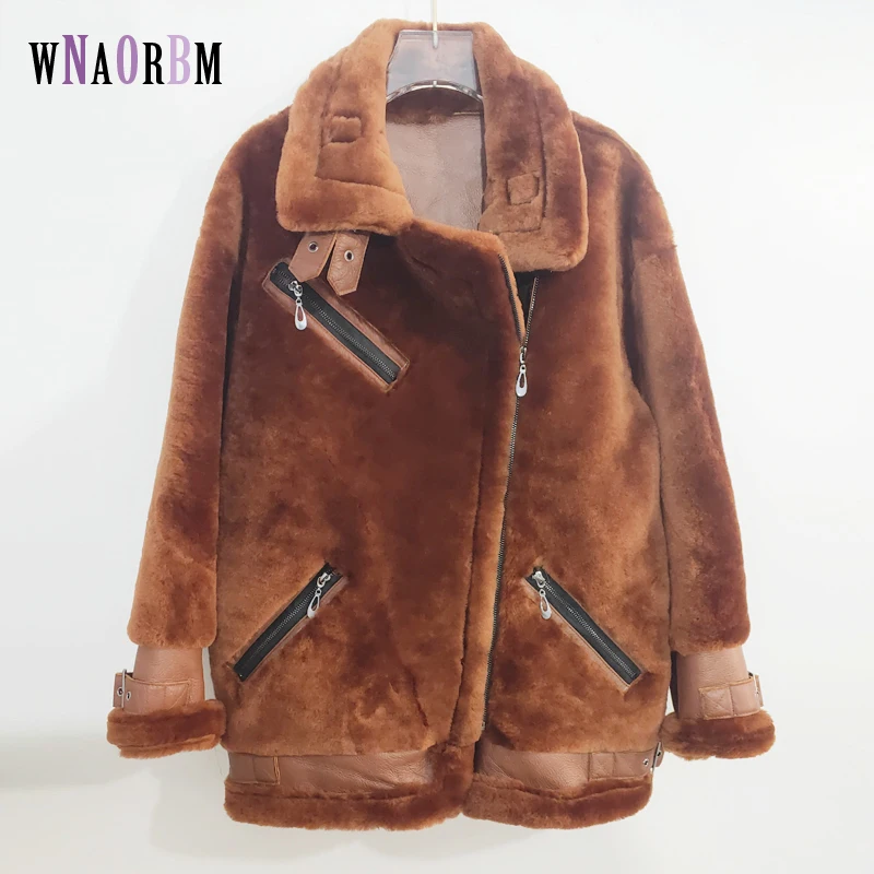 Women Autumn Winter Classic Bomber Jacket Warm Fashion Shearling Coat Sheepskin Jacket 70cm long whole caramel sheepskin coat