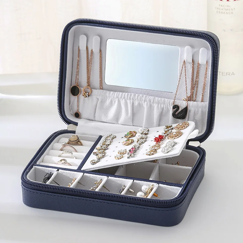 2022 New PU Leather Simple Jewelry Box With Zipper And Mirror Portable Jewelry Storage Box Earrings