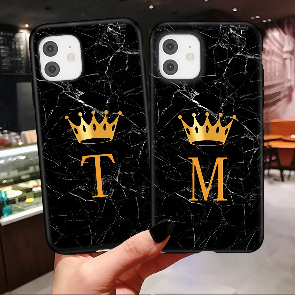 

Initial Letter Crown Marble Phone Case For iPhone 11 12 Mini Pro Max 8 7 Plus SE 2020 XS Soft TPU Cover Coque Fundas