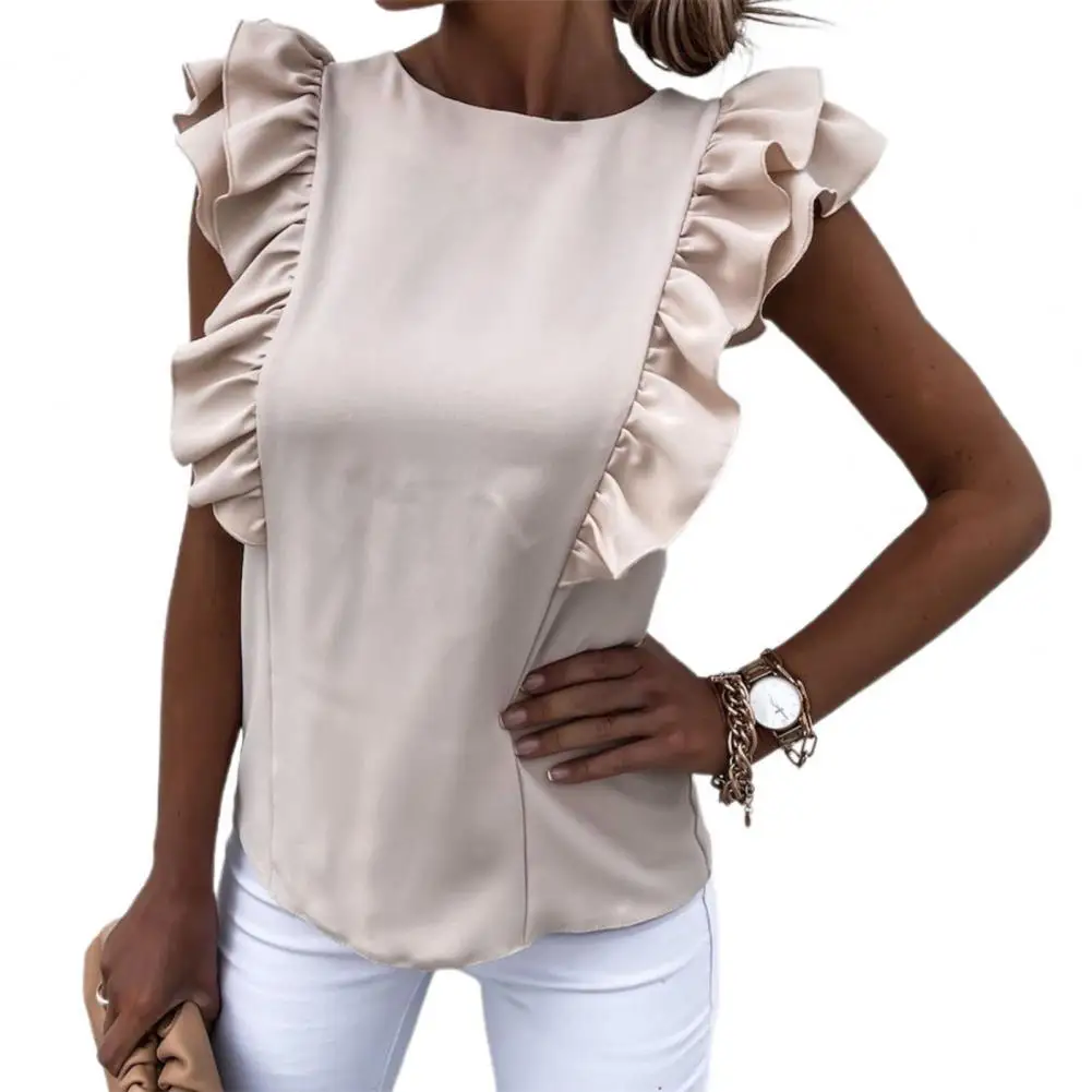 

Women Blouse Solid Color soft Back Hollow Out Summer Ruffle Tie-Up Bow Sleeveless Top skin-friendly to wear for Home