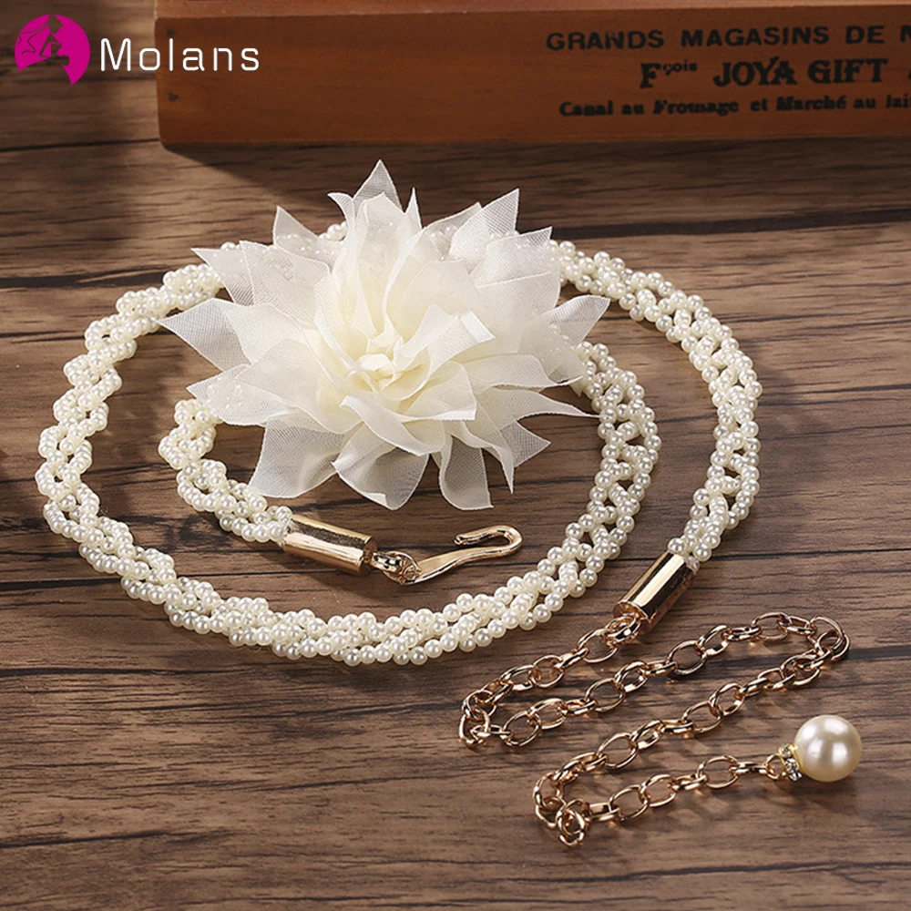 Ремень Molans свадебное с жемчужными бусинами золотая металлическая цепочка