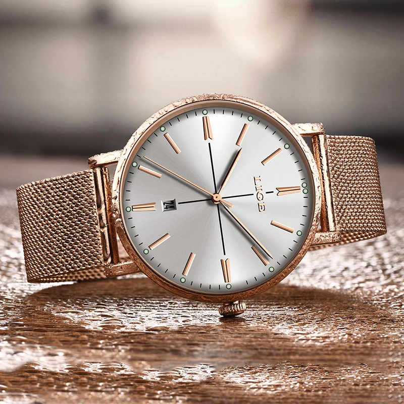 2019 LIGE новинка розовое золото женские часы Бизнес Кварцевые для девушек Топ бренд