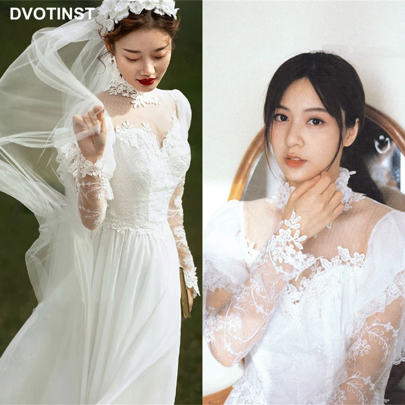 Dvotinst Women Photography Props Wedding Vintage Photo Lace Sleeve Dress White Travel Seascape Dresses Accessories Photo Props